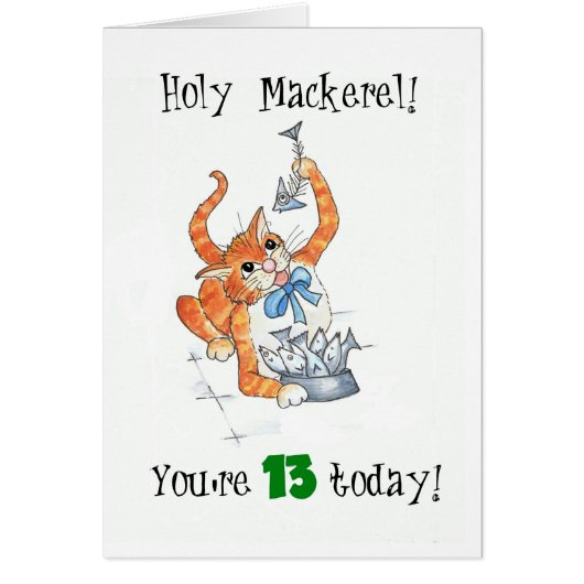 Comic Ginger Cat Holy Mackerel, 13th Birthday Card (Front)
