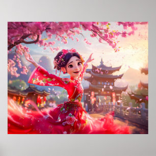 Comic Girl Dancing with Cherry Blossoms in March Poster