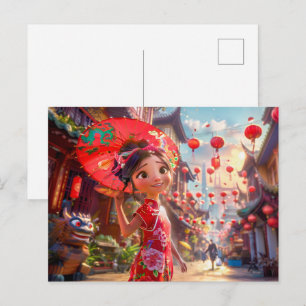 Comic Girl with Parasol in Sunny Scene Holiday Postcard