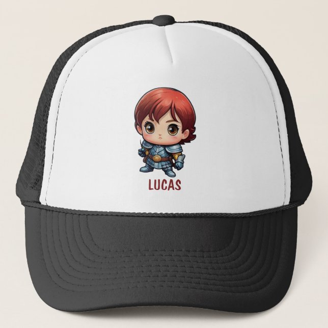 Comic Knight Chibi Kid Character Trucker Hat (Front)