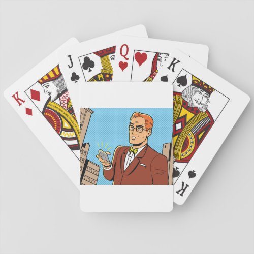 Comic Man With A Cellphone Poker Cards