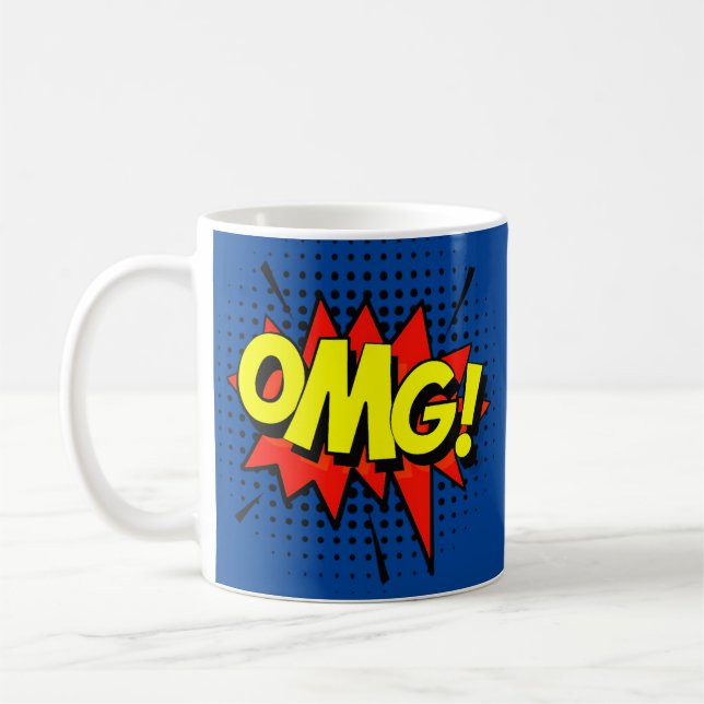 Comic Pop Art Blue Red Yellow OMG Novelty Fun Coffee Mug (Left)