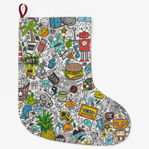 Comic Pop art Doodle Large Christmas Stocking