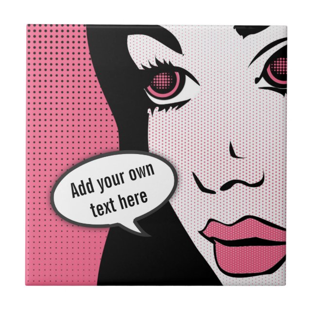 Comic Pop Art of Woman's Face Custom Speech Bubble Ceramic Tile (Front)