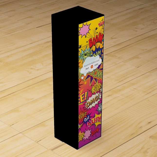 Comic Pop Art Speech Bubble Retro Wedding Wine Box (Front)