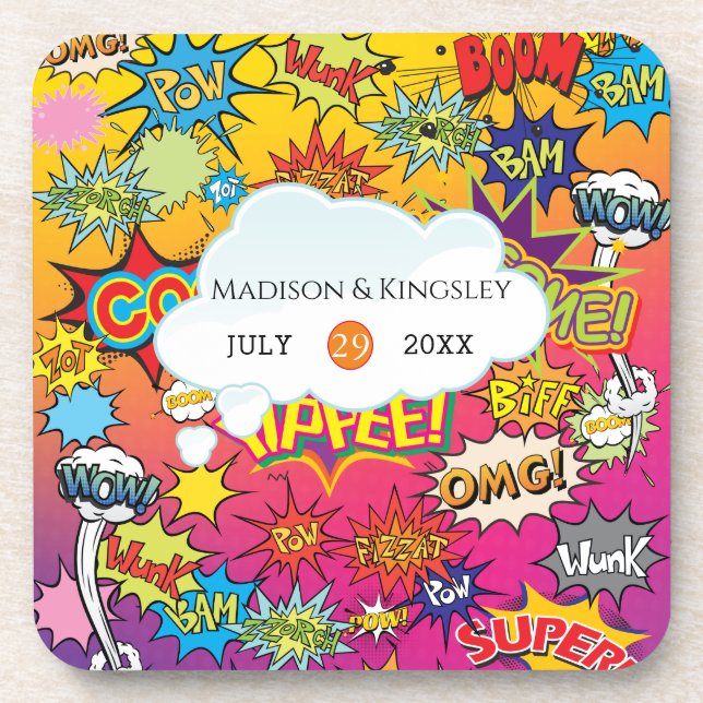 Comic Pop Art 💥🎨 Speech Bubble Wedding Graffiti Beverage Coaster (Front)