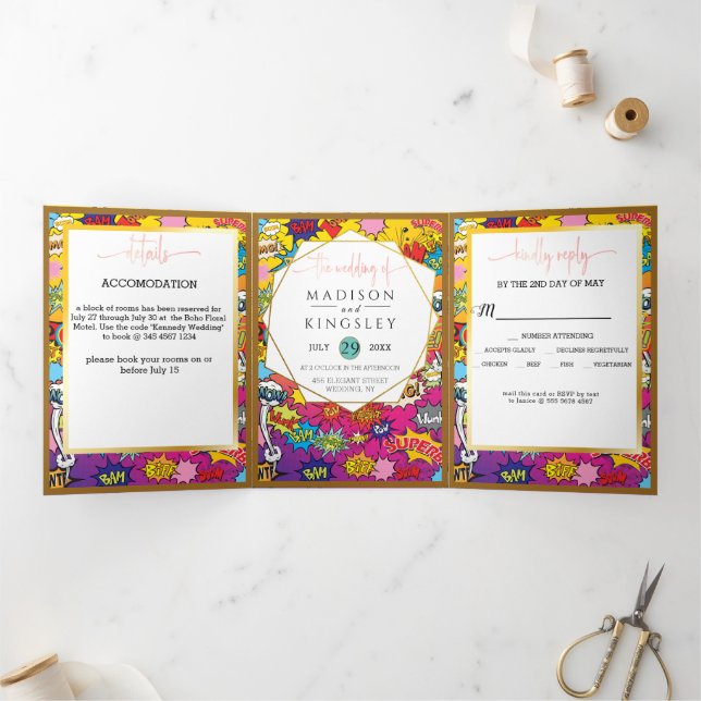 Comic Pop Art 💥🎨 Speech Bubble Wedding Graffiti Tri-Fold Invitation (Inside)