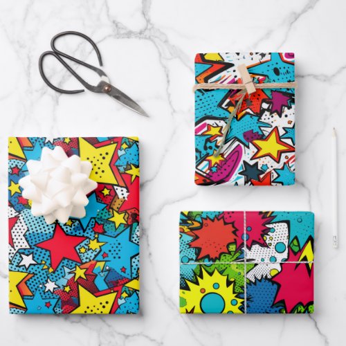 Comic Pop Art Style Stars Colorful Pattern Gift Wrapping Paper Sheets