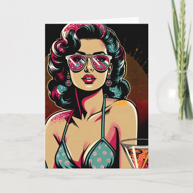 Comic Retro Pinup Girl with a Cocktail Birthday Card (Front)
