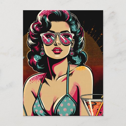 Comic Retro Pinup Girl with a Cocktail Birthday Postcard