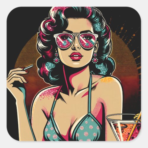 Comic Retro Pinup Girl with a Cocktail Birthday Square Sticker