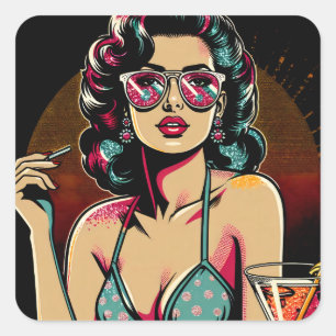 Comic Retro Pinup Girl with a Cocktail Birthday Square Sticker