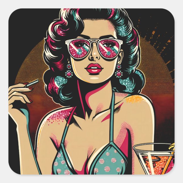 Comic Retro Pinup Girl with a Cocktail Birthday Square Sticker (Front)