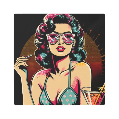 Comic Retro Pinup Girl with a Cocktail  Metal Print