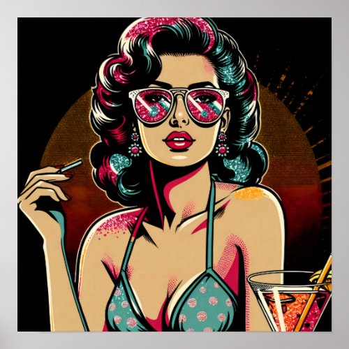 Comic Retro Pinup Girl with a Cocktail  Poster