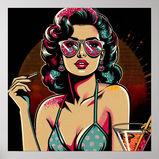 Comic Retro Pinup Girl with a Cocktail  Poster (Front)