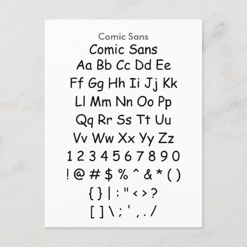 Comic Sans _ Zazzle Font Sampler Sheet Postcard