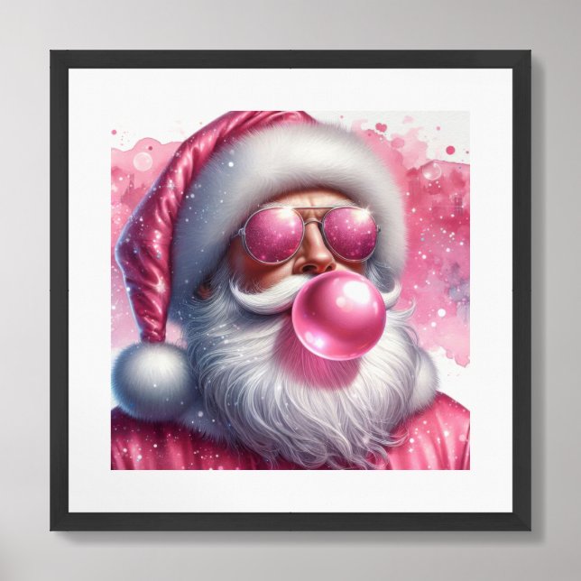 Comic Santa Claus blowing pink bubble gum Framed Art (Framed Front)