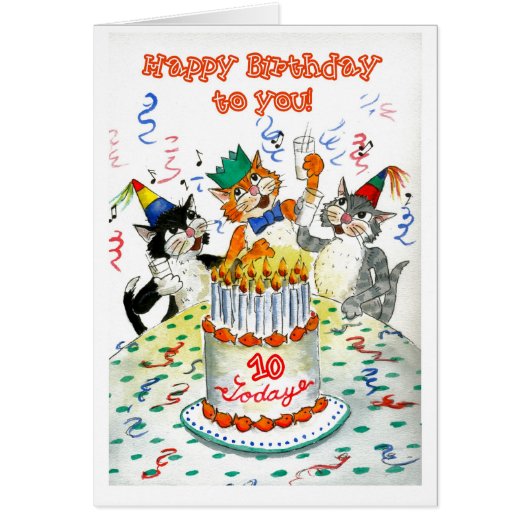 Comic Singing Cats Age-specific 10th Birthday Cards (Front)