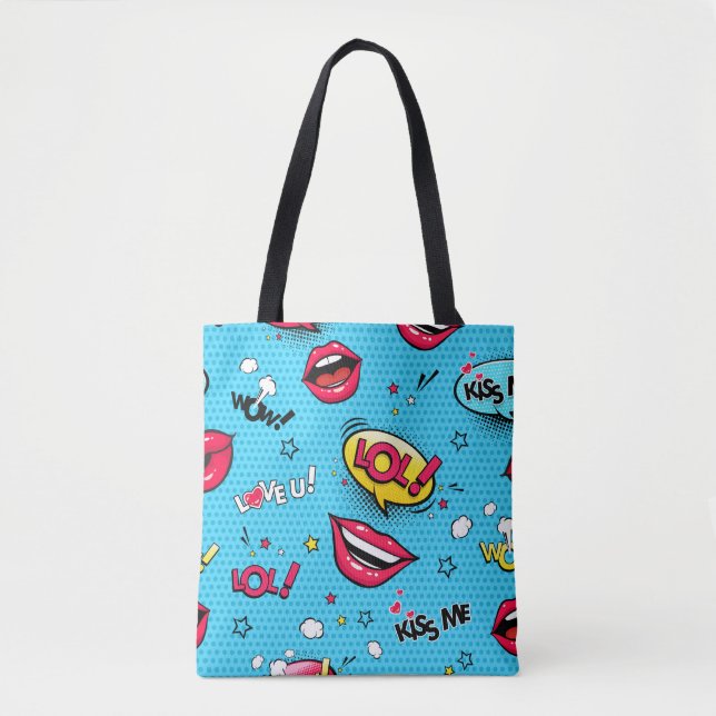 Comic speech bubbles and female lips with differen tote bag (Front)