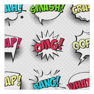 Comic speech bubbles with halftone shadow and text faux canvas print