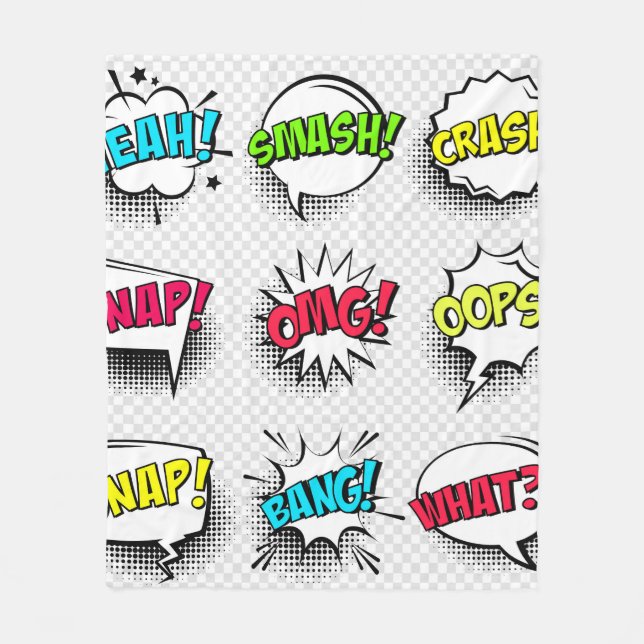 Comic speech bubbles with halftone shadow and text fleece blanket (Front)