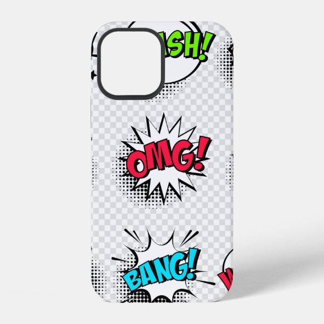 Comic speech bubbles with halftone shadow and text iphone case (Back)