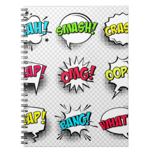 Comic speech bubbles with halftone shadow and text notebook