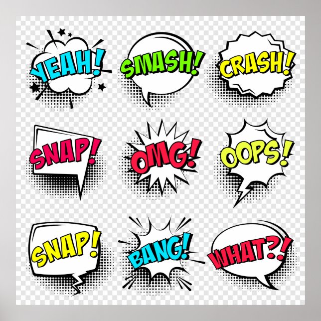 Comic speech bubbles with halftone shadow and text poster (Front)
