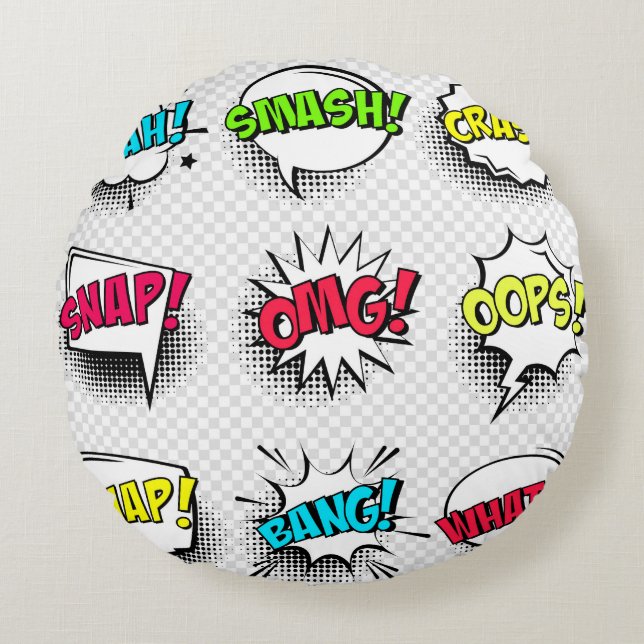 Comic speech bubbles with halftone shadow and text round pillow (Front)