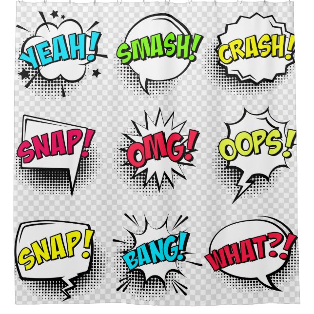 Comic speech bubbles with halftone shadow and text shower curtain (Front)