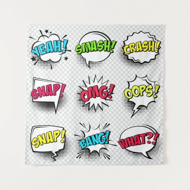 Comic speech bubbles with halftone shadow and text tapestry (Front)