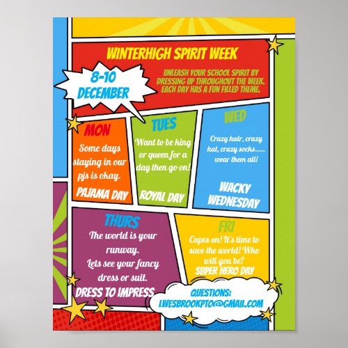COMIC Spirit week school flyer SUPER HERO Poster