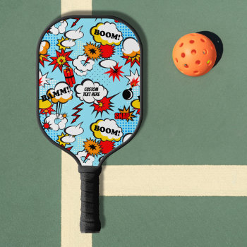 Comic Strip Bamm Boom Custom Text Action Bubble Pickleball Paddle by colorfulgalshop at Zazzle