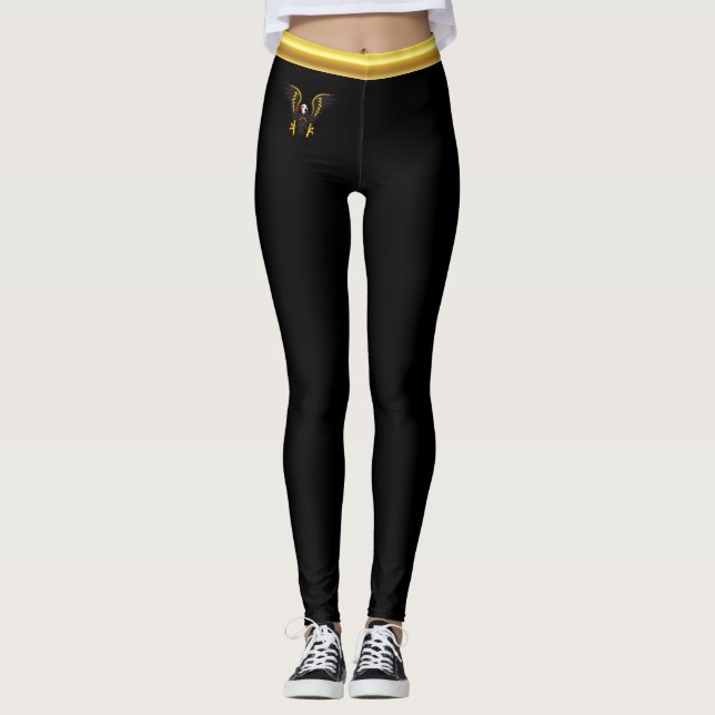 Comic strip Black and Gold eagle with gold foil Leggings (Front)