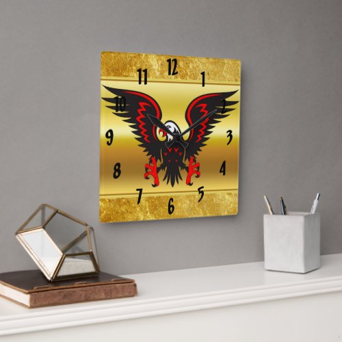 Comic strip Black and red eagle with gold foil Square Wall Clock