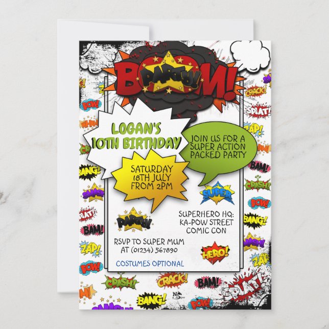 Comic Style Action Words Party Invitations (Front)
