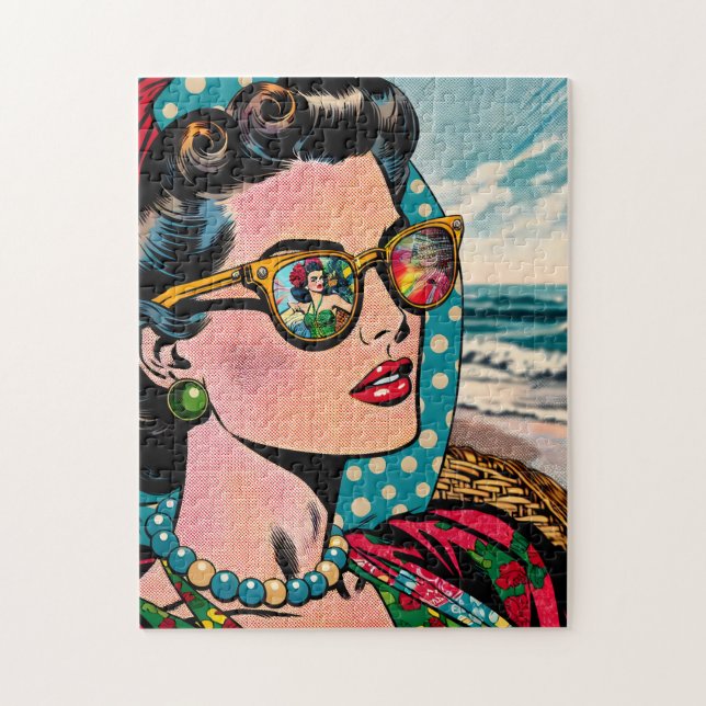 Comic Style Art | Woman Watching Hula Dancer Jigsaw Puzzle (Vertical)