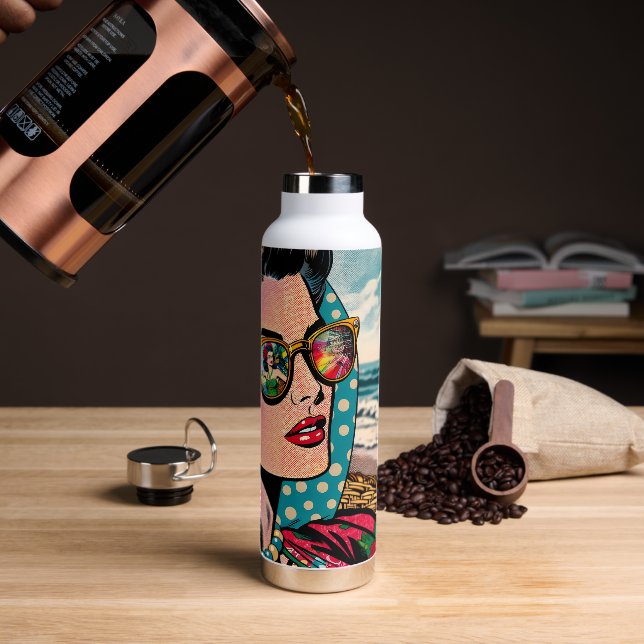 Comic Style Art | Woman Watching Hula Dancer Water Bottle (Coffee)
