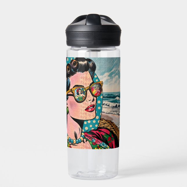 Comic Style Art | Woman Watching Hula Dancer Water Bottle (Front)