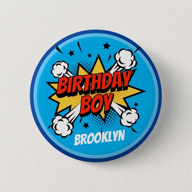 Comic style Birthday Boy typography splash Button (Front)