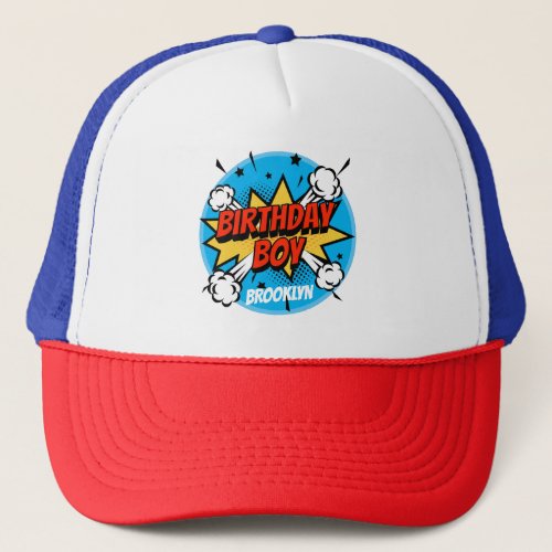 Comic style Birthday Boy typography splash Trucker Hat