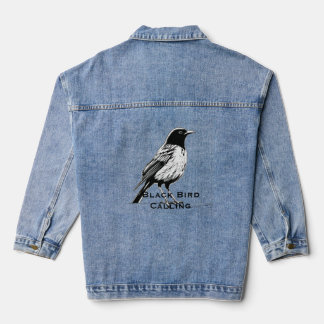 Comic-Style Black Bird Calling Denim Jacket