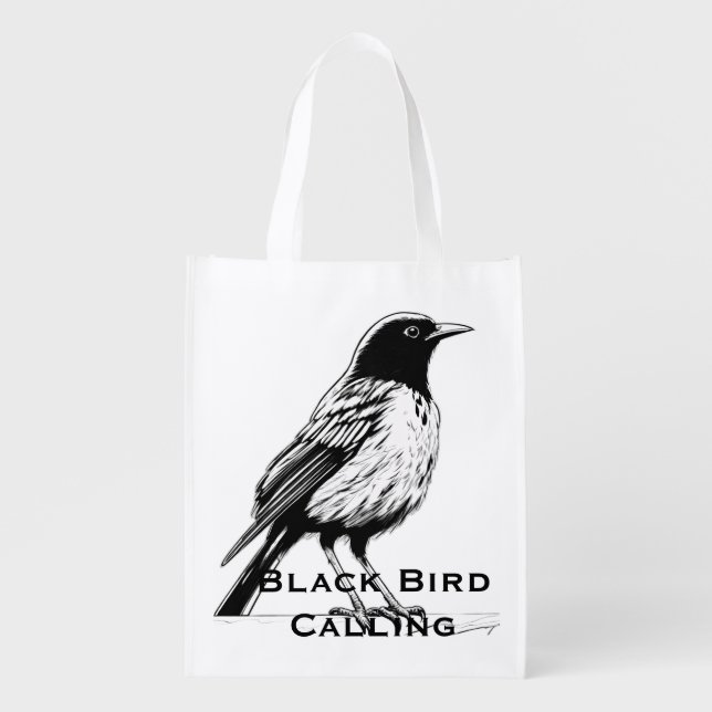 Comic-Style Black Bird Calling Grocery Bag (Front)