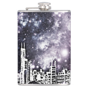 Comic Style Black & White City Skyline Galaxy Hip Flask