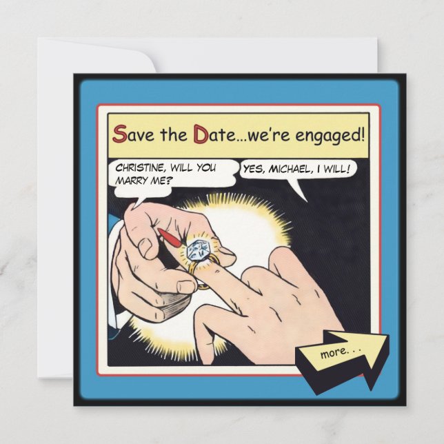 Comic Style Bling Ring Save the Date Blue (Front)