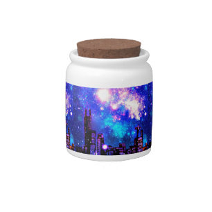 Comic Style City Skyline & Milky Way Night Sky Candy Jar