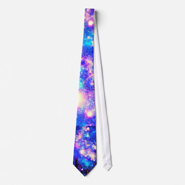 Comic Style City Skyline & Milky Way Space Design Neck Tie (Front)