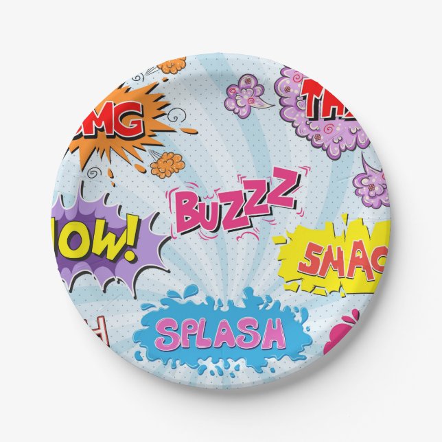 Comic Style Girly Super Hero Design Paper Plates (Front)