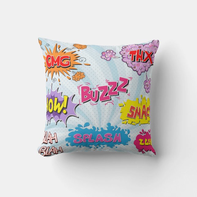 Comic Style Girly Super Hero Design Throw Pillow (Front)